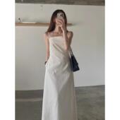 气质一字领露锁骨修身 韩国chic夏季 法式 显瘦A字吊带连衣裙长裙女