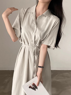 短袖 式 连衣裙女 简约气质翻领系带收腰显瘦侧开叉衬衫 韩国chic夏季