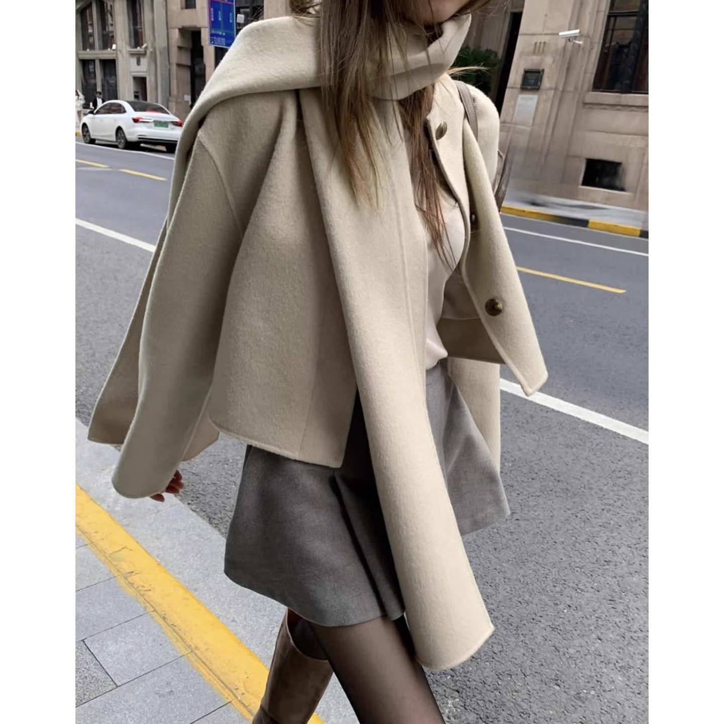 高级感单排扣纯色呢子开衫外套