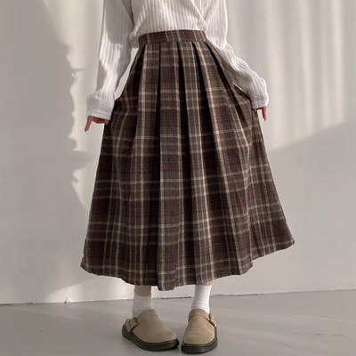 复古格子毛呢百褶半身裙女