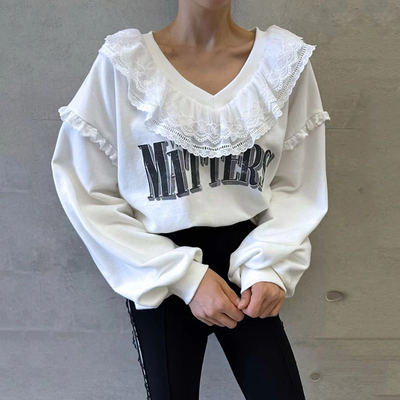 蕾丝拼接V领宽松字母长袖卫衣