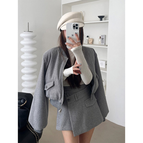 短款夹克外套+不规则裙裤半身裙