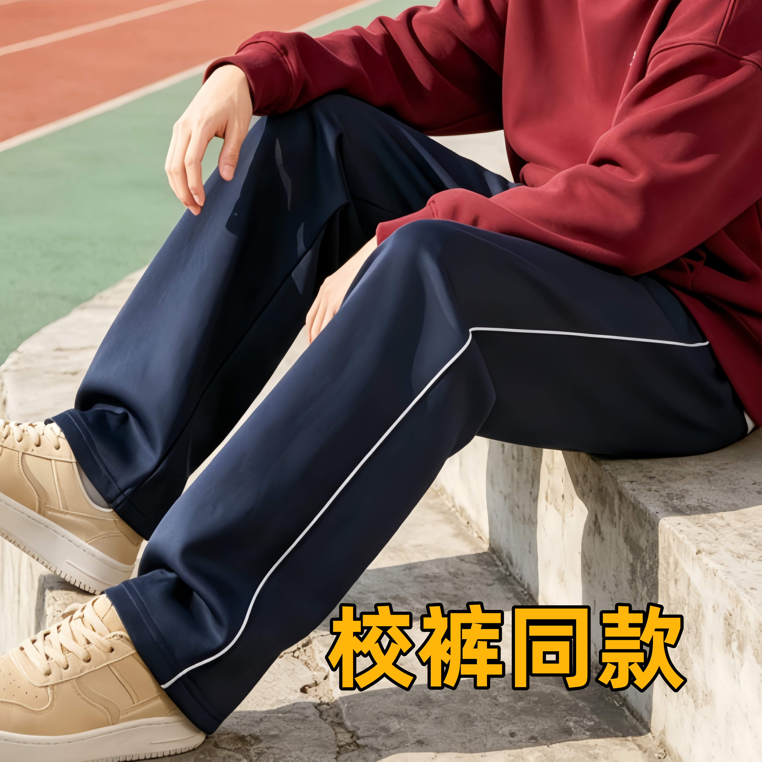 休闲裤子藏青蓝色一两杠春秋冬季加绒加厚小初高中学生夏季反光条