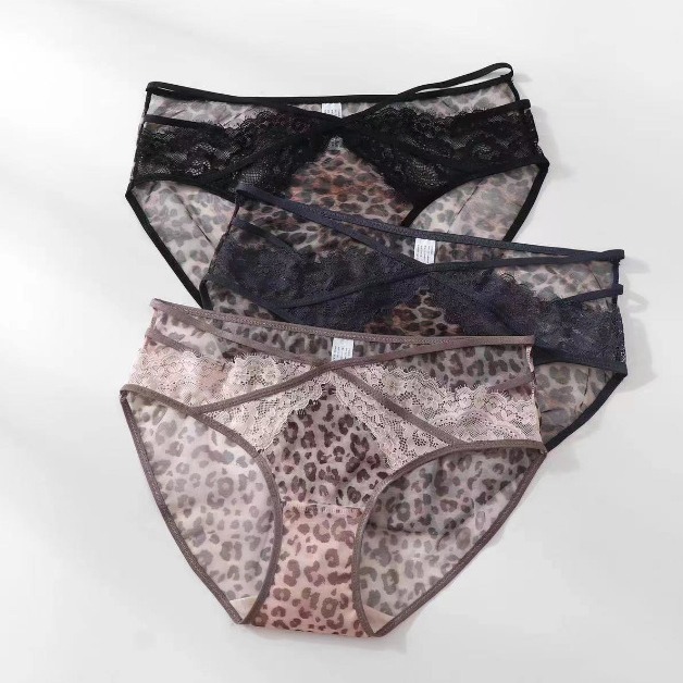 9137 豹纹印花网纱撞色睫毛蕾丝镂空细带性感舒适中腰女士三角裤