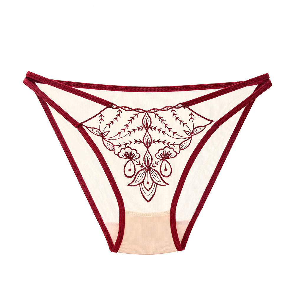 新款轻奢气质女士三角裤高颜值薄纱刺绣镂空显腰棉裆包臀性感内裤