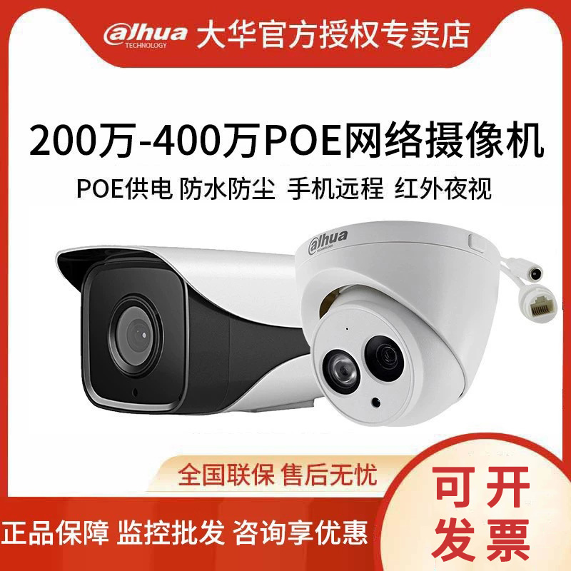 大华200/400万网络poe室外防水摄像头高清半球星光夜视枪机监控器