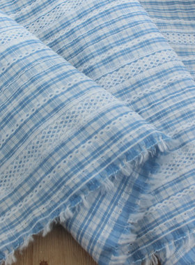 海盐浅蓝色抗皱胶印花墙条纹格子 衬衫连衣裙上衣餐桌布手工面料