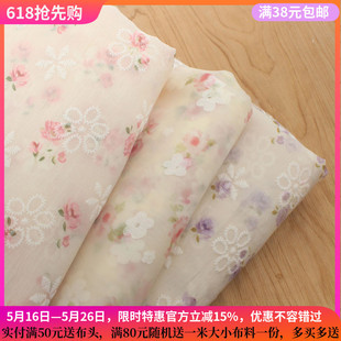 娃衣窗帘裙子面料 服饰童装 田园风薄款 桃花粉色胶印花欧根纱布料