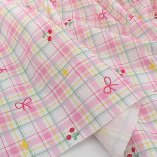活力粉色樱桃蝴蝶结纯棉格子 上衣衬衫长裙童装短裤床品睡裙面料