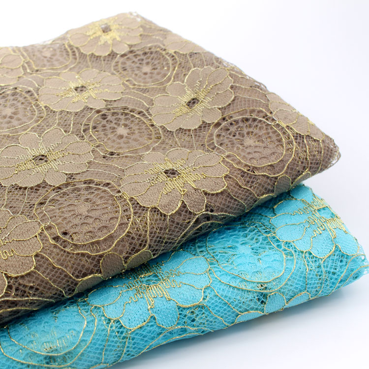 外贸湖蓝卡其纯色刺绣花蕾丝布料 汉服装罩衫裙子披肩围巾diy布料