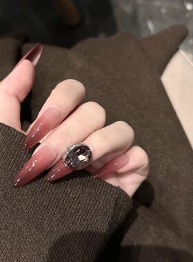 ANNI NAIL梦中情甲东洲闪钻红色渐变美甲高级感长椭圆婚庆美甲片