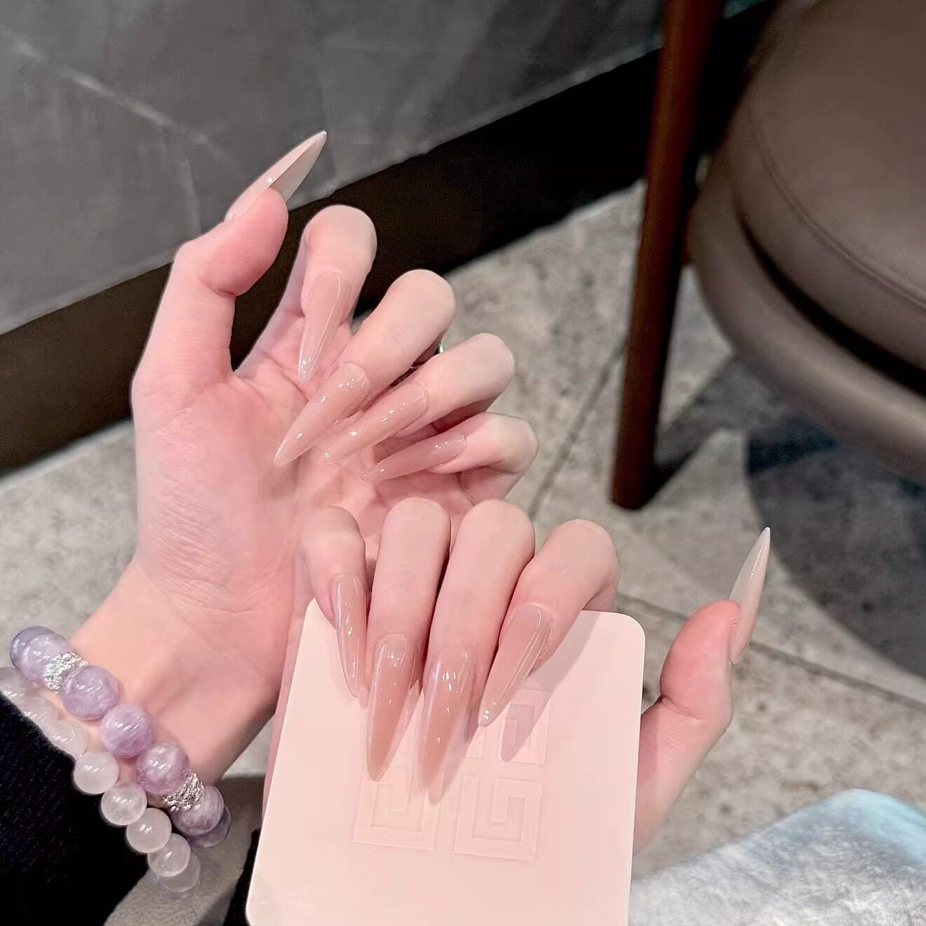 水光肉丝裸色美甲穿戴甲长款