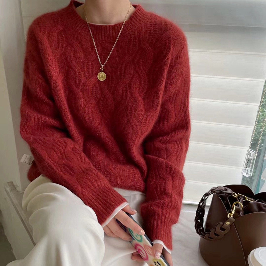 25新款圆领羊绒衫女宽松绞花毛衣镂空细腻慵懒风针织打底羊毛衫厚