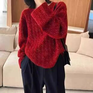 漂亮红色重工100羊毛衫女圆领麻花毛衣秋季款带金丝宽松慵懒上衣