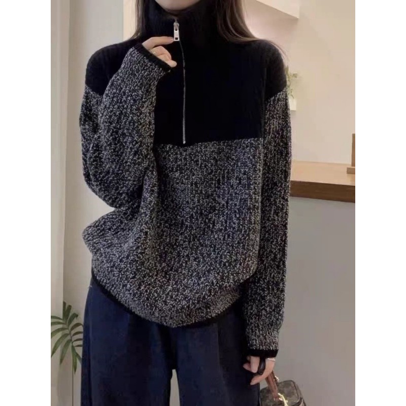 半开拉链领花纱羊绒衫女拼色宽松