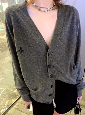 24款春秋韩版羊毛开衫女刺绣针织宽松薄大码土星灰色毛衣长袖外套