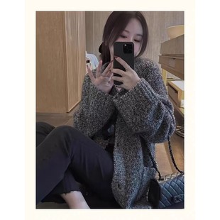 韩版羊绒针织开衫女AB灰圆领中长款厚外套羊毛宽松慵懒风时髦毛衣