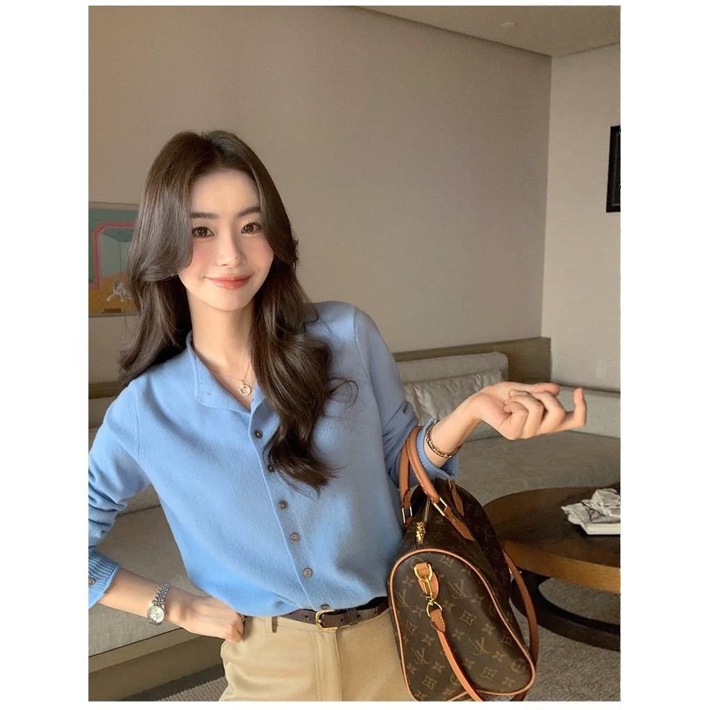 秋冬蓝色羊毛混纺女薄款针织开衫