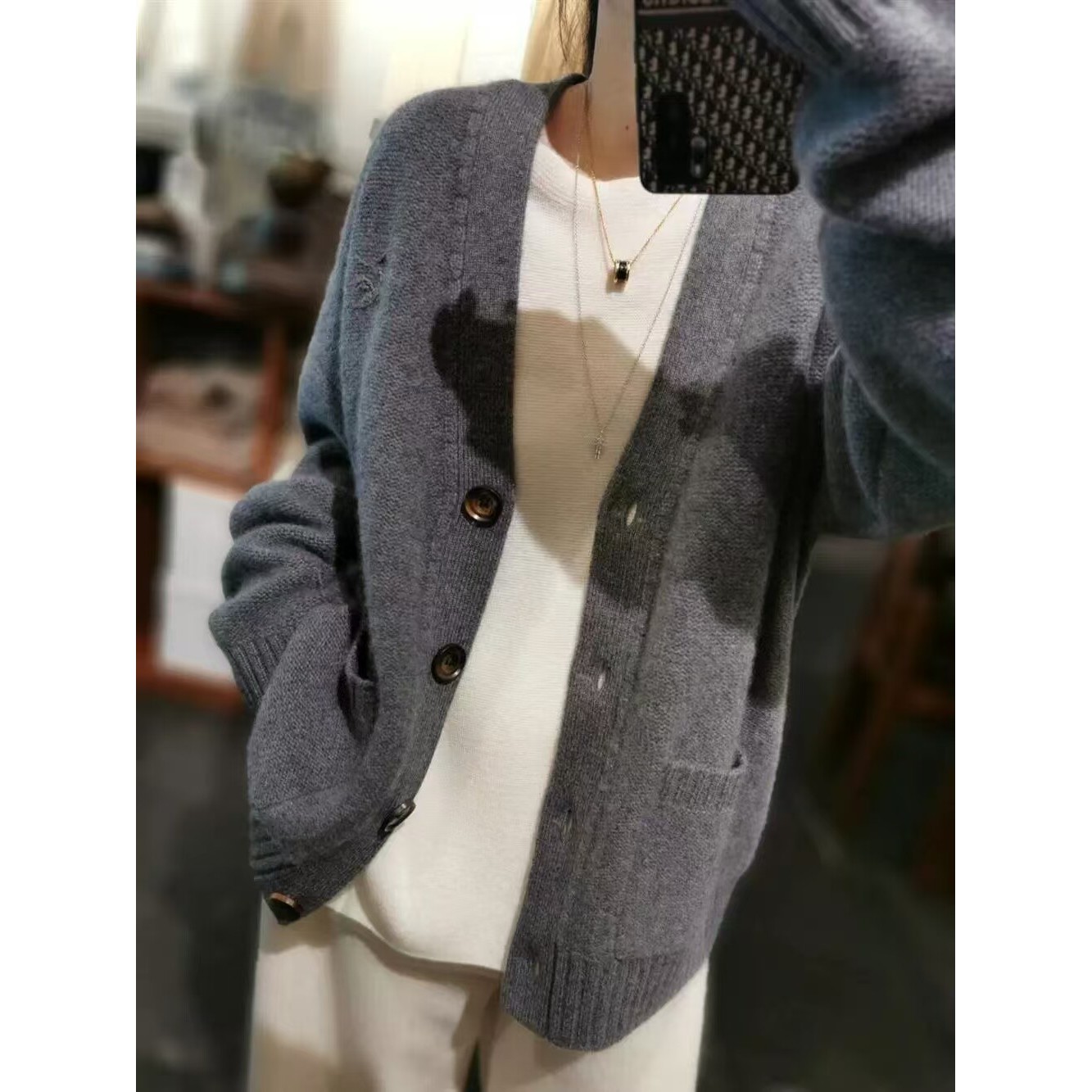 欧货V领山羊绒开衫女秋冬宽松