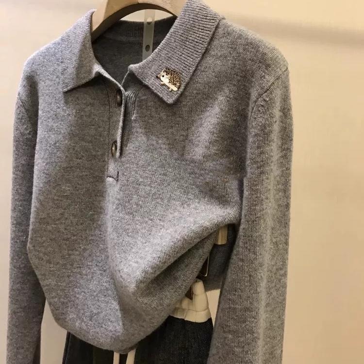 大表姐同款polo翻领羊毛衫女宽松刺绣毛衣套头气质针织打底衫秋冬