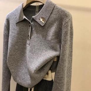 大表姐同款polo翻领羊毛衫女宽松刺绣毛衣套头气质针织打底衫秋冬