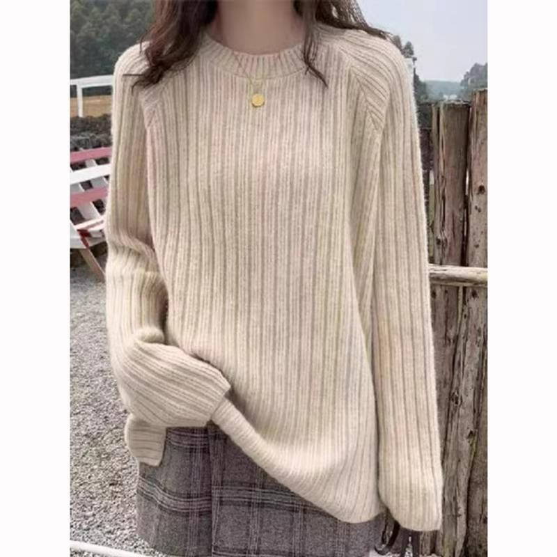 韩版慵懒风100%羊毛衫女圆领