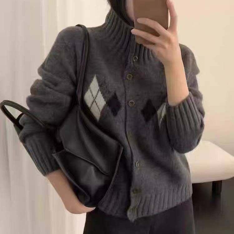 秋冬纯羊毛高领提花加厚女开衫
