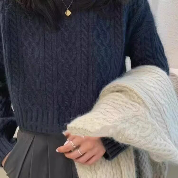 羊毛衫女麻花圆领长袖套头毛衣