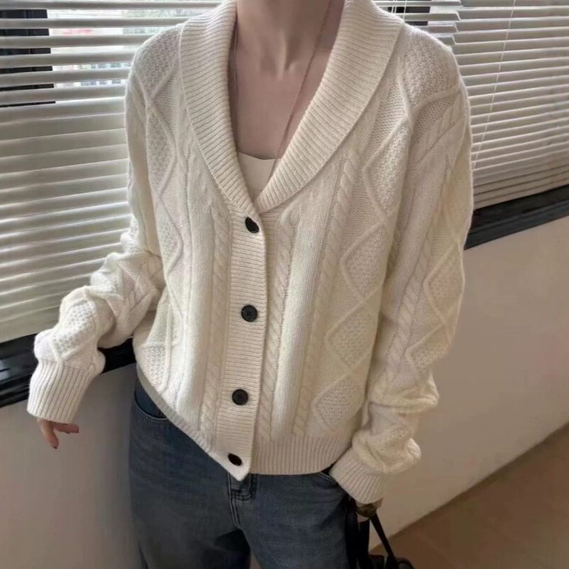 秋冬V领100%纯羊毛加厚开衫女