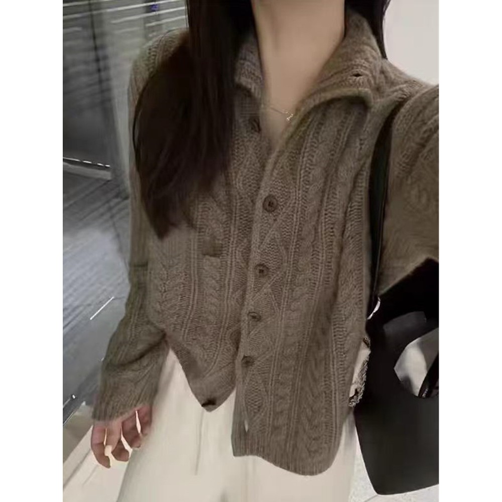 老钱风麻花翻领羊毛羊绒开衫女