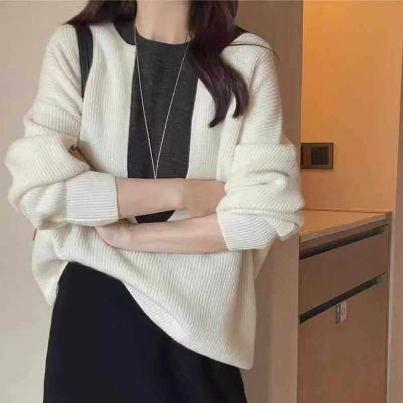 2024秋冬新款韩版宽松慵懒风撞色拼接圆领套头毛衣女针织衫上衣潮