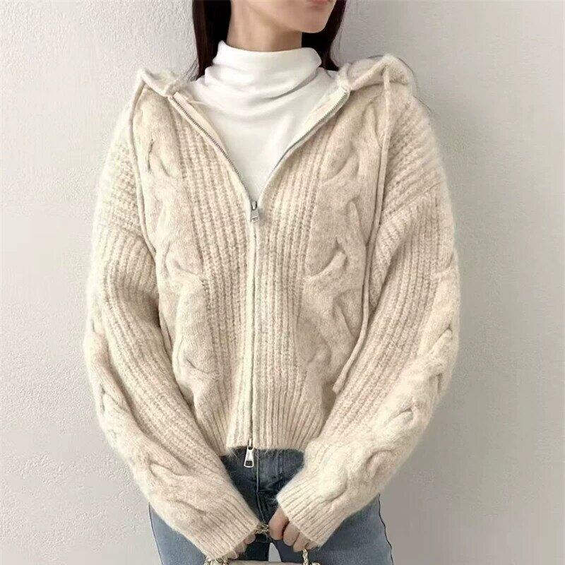 秋冬纯羊毛连帽拉链加厚女开衫