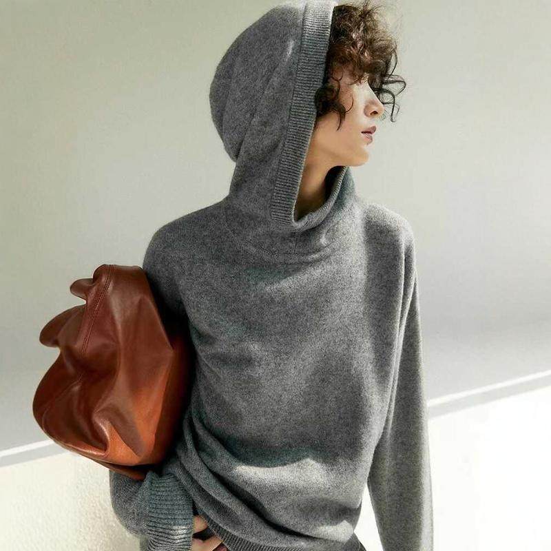 超好看秋冬新款连帽羊绒针织衫女带帽子毛衣宽松加厚减龄打底卫衣