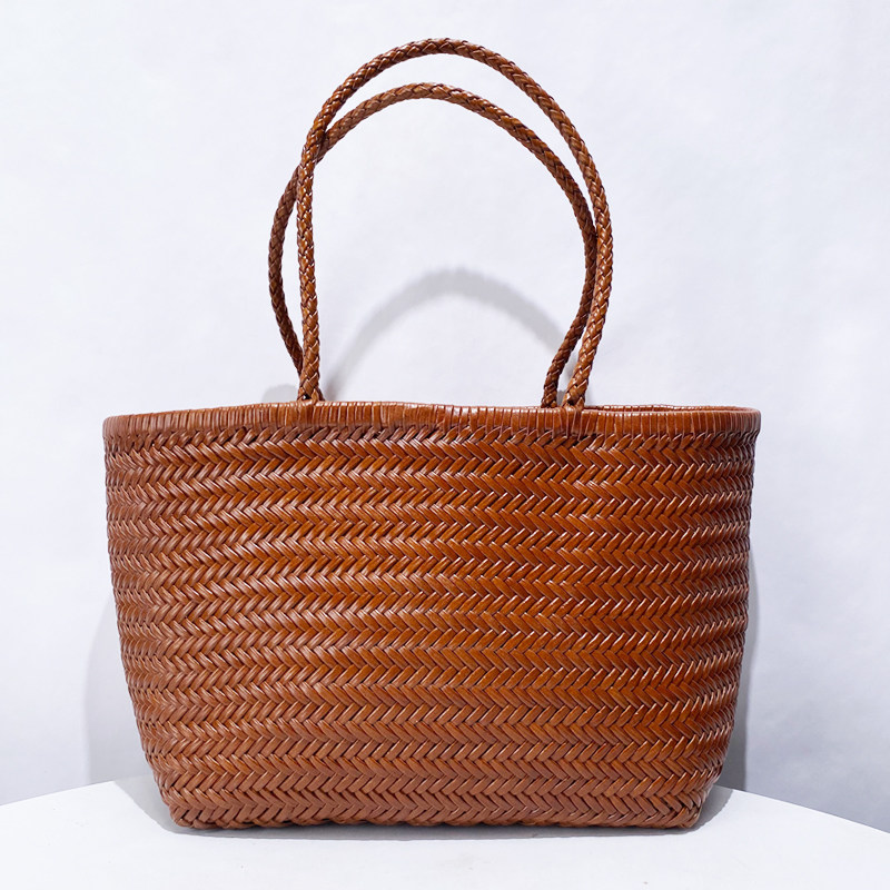 头层牛皮编织托特包2025新款欧美复古大容量真皮手提单肩腋下包