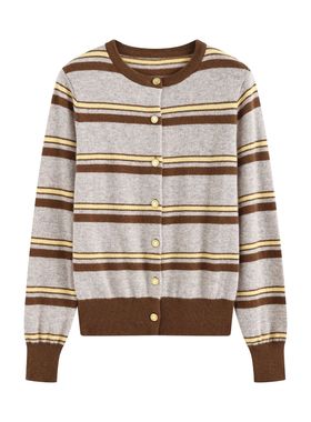 10261【韩版复古撞色条纹针织开衫女秋冬新款气质内搭羊毛毛衣】