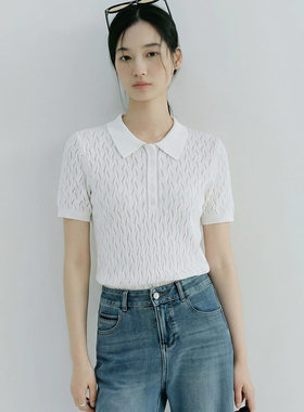 开襟翻领正肩t恤女款短袖夏季美式极简风麻花纹设计感针织衫上衣