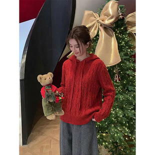 【OT定单】连帽新年红色针织衫女2026早春新款设计感小众麻花上衣