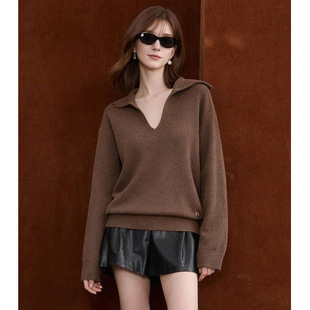 海军领简约丝光羊毛针织衫女2026早春新款懒惰风宽松显瘦棕色上衣