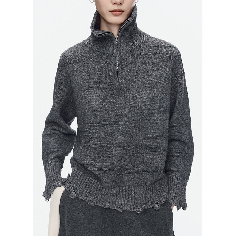 【AM定单】2025年冬季新款牦牛绒破洞半拉链翻领针织衫设计感上衣