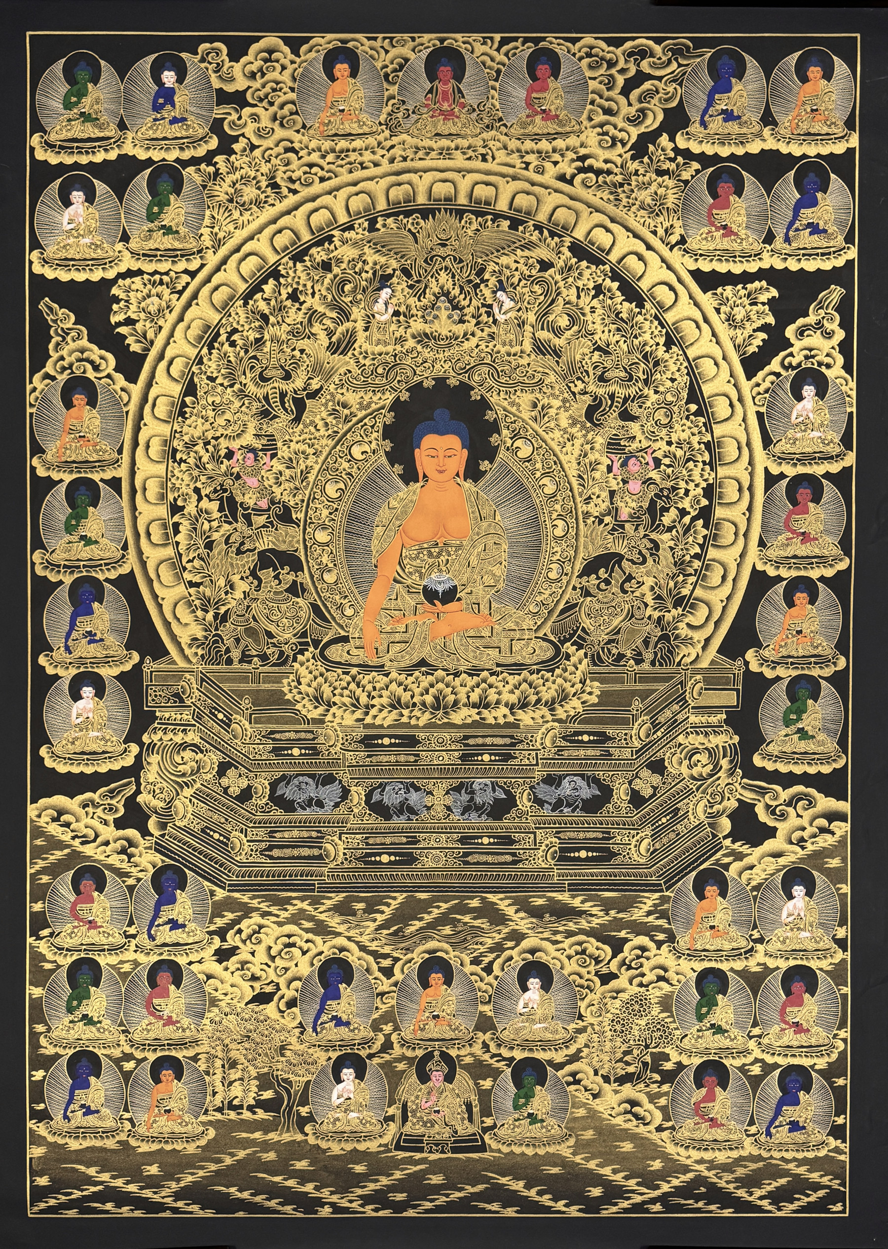 推荐黑金唐卡释迦摩尼三十五佛尼泊尔西藏纯手工装饰画办公室书房