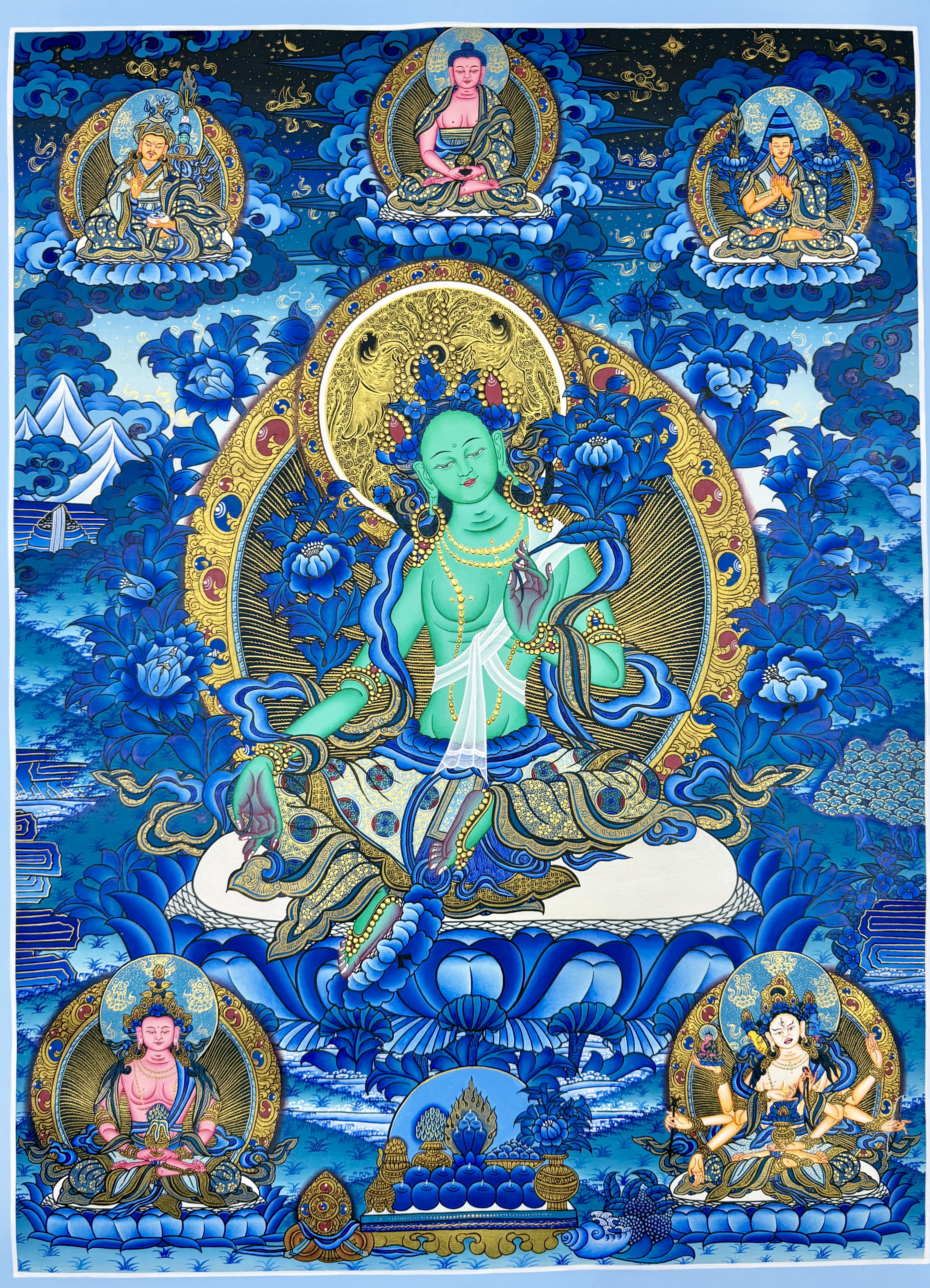 尼泊尔名师pravin师傅纯手工绘制纯金描线唐卡绿度母画心65&times;45cm