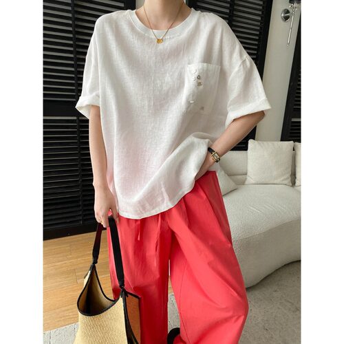 今年流行特惠司南 小众设计感 100亚麻透气圆领口袋纽扣宽松短袖