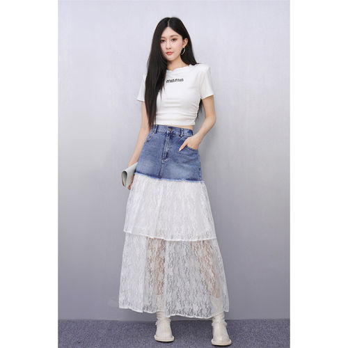 今年流行特惠美式复古小众设计感蕾丝拼接牛仔裙女春夏新款宽松