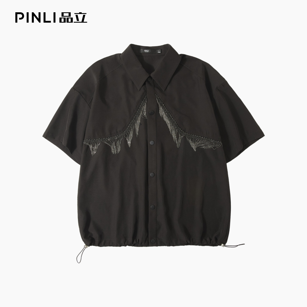 PINLI品立2025夏季新款流苏设计感短袖衬衫男士宽松休闲上衣潮牌