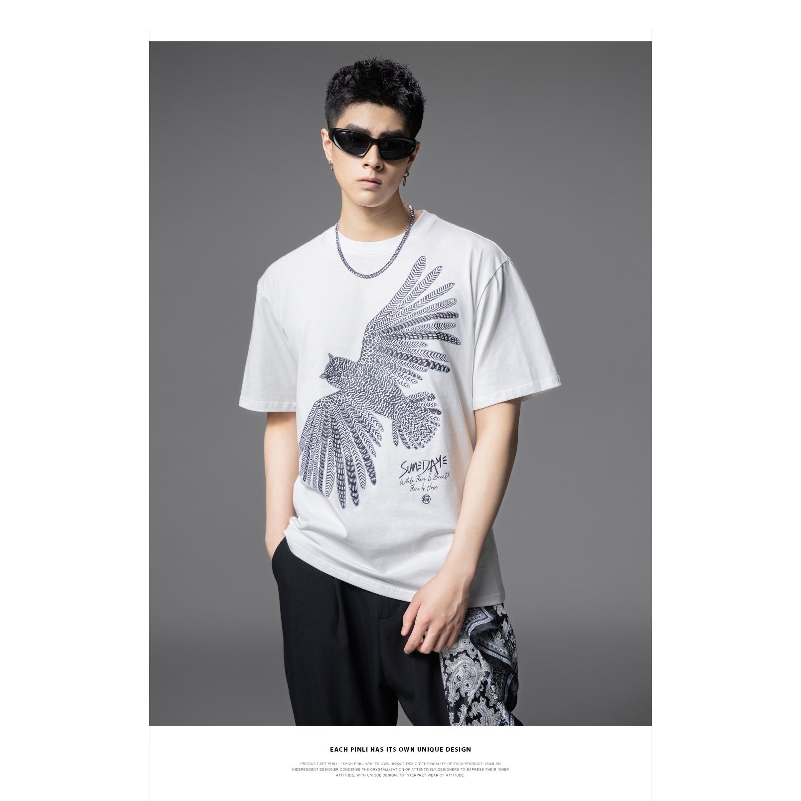 PINLI品立2025夏季新款男圆领猫头鹰烫画短袖T恤上衣BG252111022