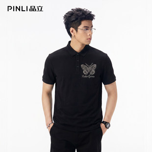 PINLI品立2026夏季新款男士蝴蝶烫钻翻领短袖POLO衫上衣体恤潮牌