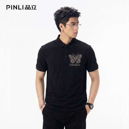 PINLI品立2026夏季新款男士蝴蝶烫钻翻领短袖POLO衫上衣体恤潮牌