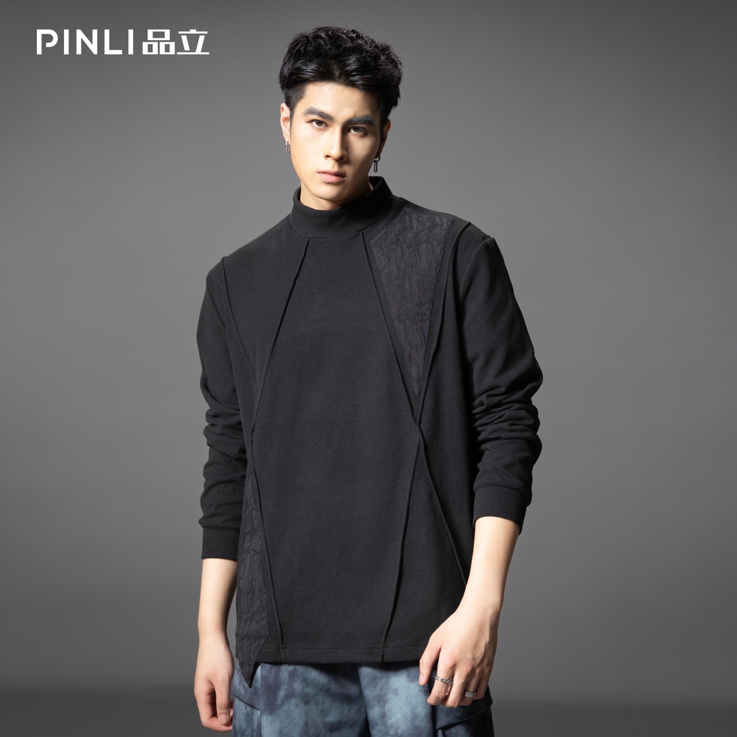 PINLI品立2025秋季新款半高领宽松长袖T恤男潮牌分割设计休闲上衣