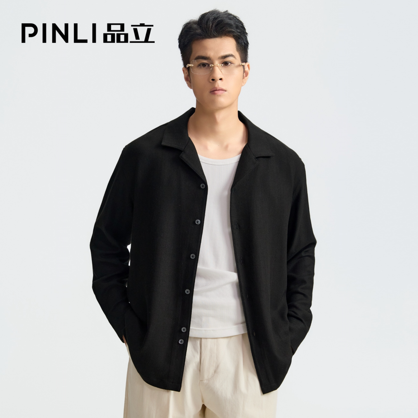 PINLI品立新款老钱风古巴领针织外套型长袖衬衫宽松棉麻休闲衬衣图片