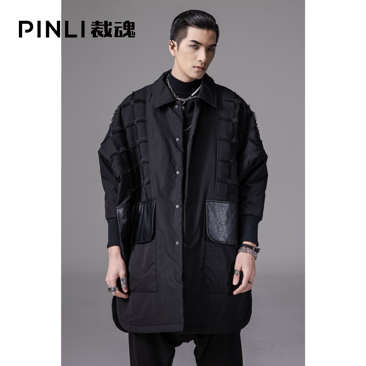 PINLI品立裁魂冬季新款翻领中长款棉服男士潮牌宽松棉衣外套